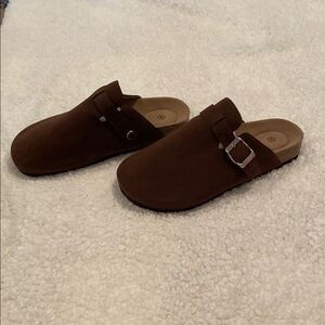 Brown Suede Buckle Clogs
